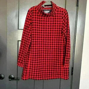 Land's  End Women's Long Sleeve Fleece Pullover Tunic Black & Red Check